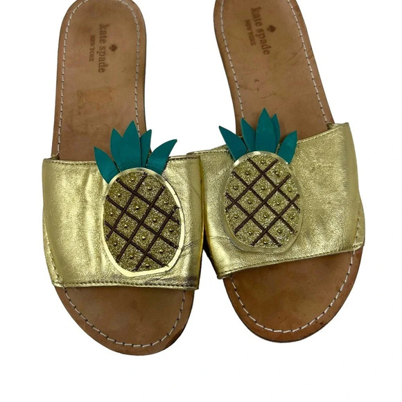 Kate Spade Ibis Embroidered Pineapple Slide Sandals In Gold Size US 9 - Picture 2 of 7